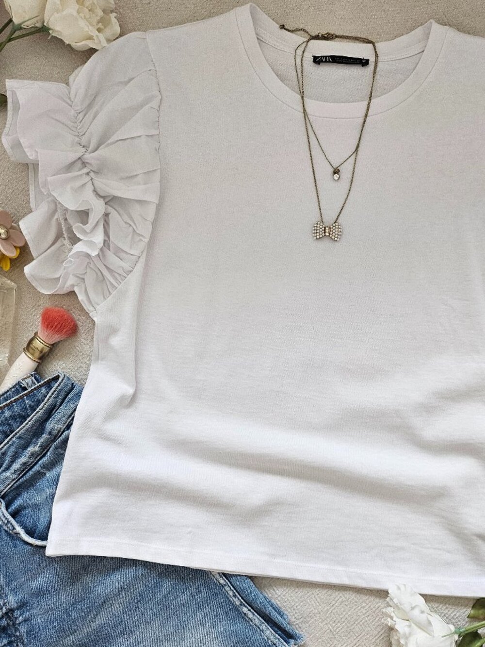 Zara White Ruffle Sleeve Top Size L Statement Puff Sleeve Tee - Picture 7 of 11